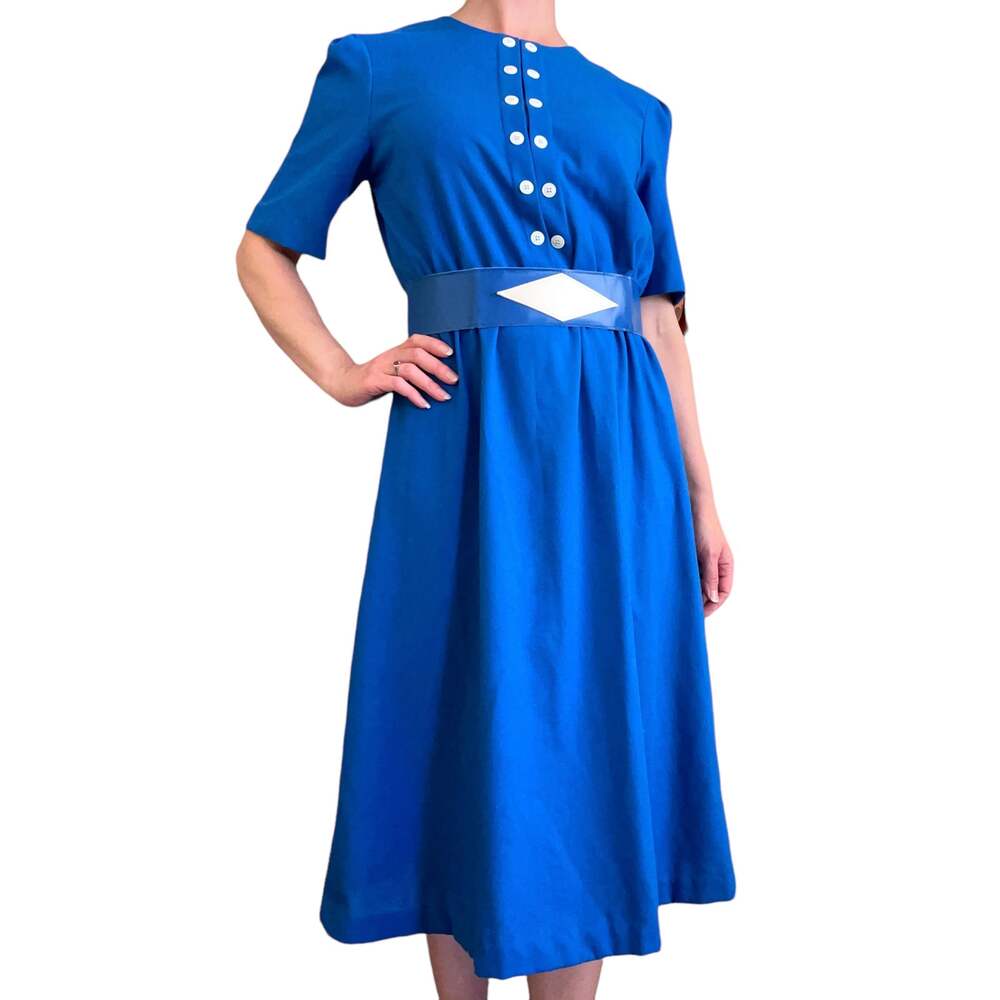 Vintage Via Sant Andrea Blue Belted Fit-&-Flare Short-Sleeve Midi Dress